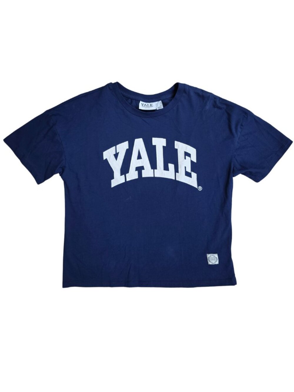 Primark Yale University Cropped Graphic T-Shirt Navy Blue Stitched Letters XS